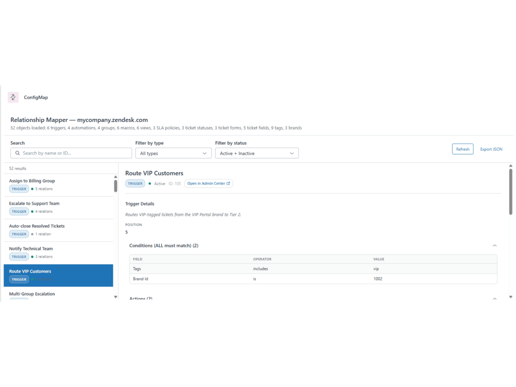 ConfigMap dashboard view — Workflows app on the Zendesk Marketplace